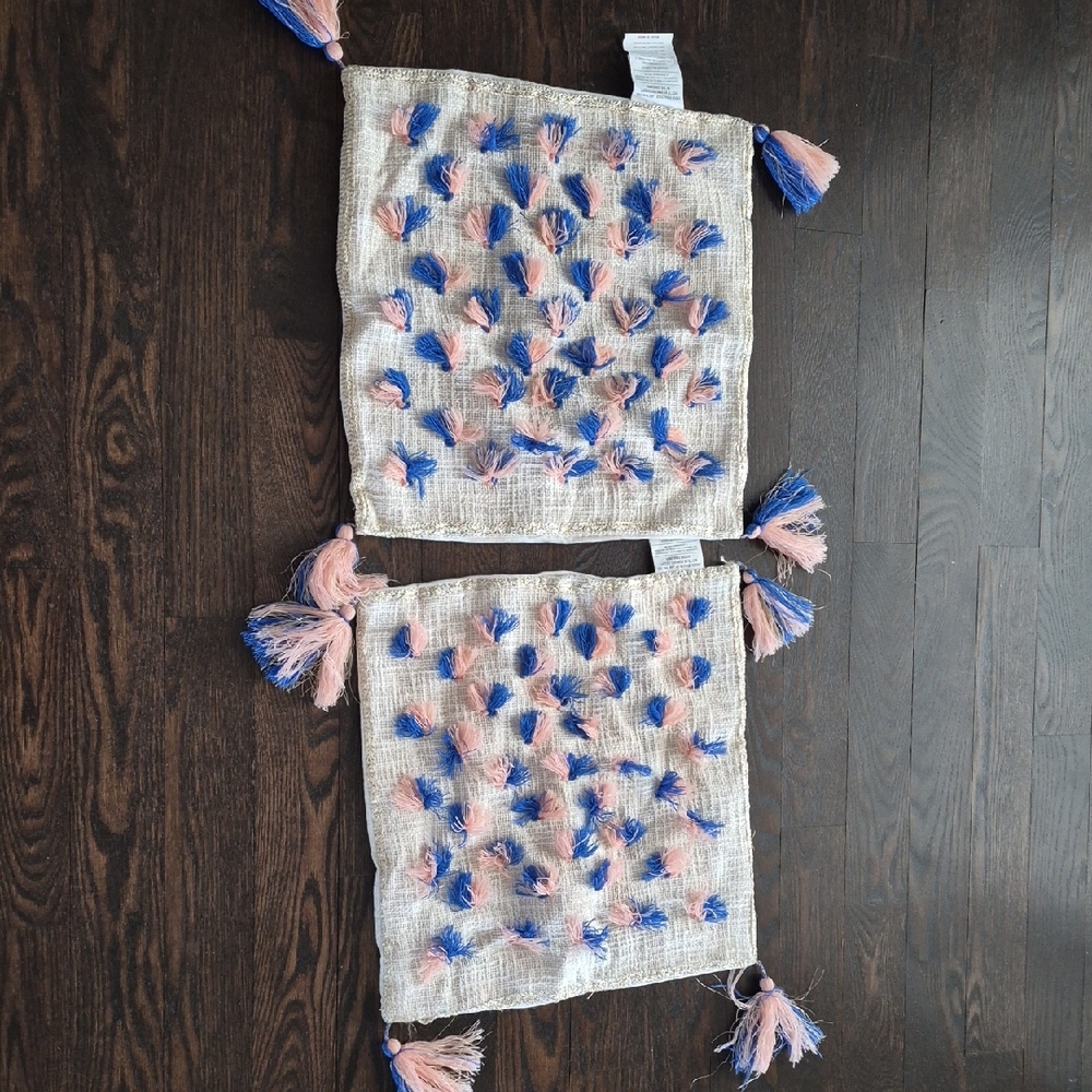 NWT Pair of Boho Pink and Blue Tassel Pillow Covers
